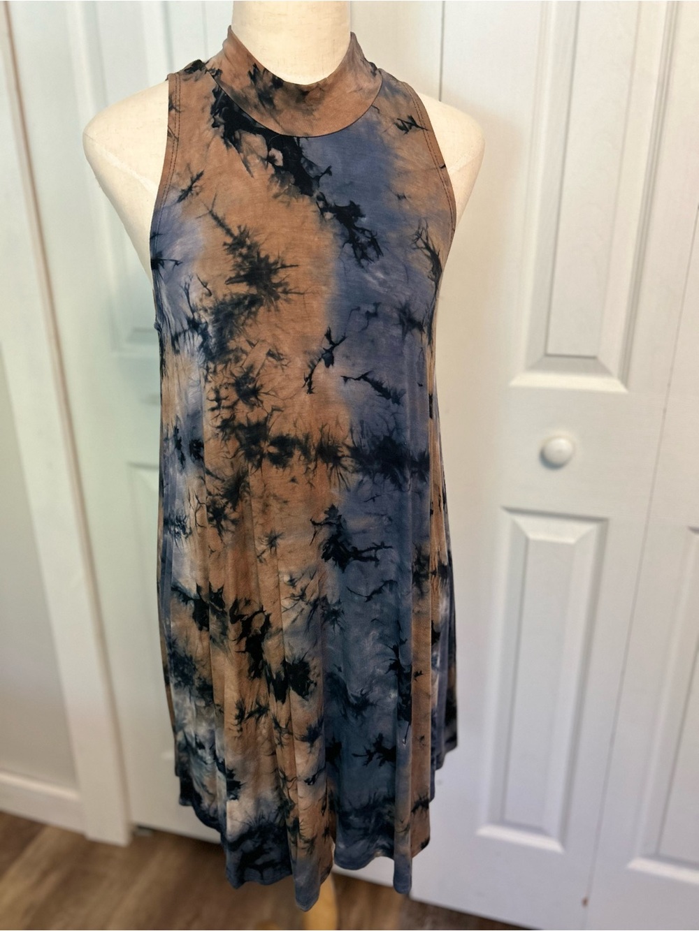 Ginger G Tie-Dye Mock Neck Dress in Navy and Brown